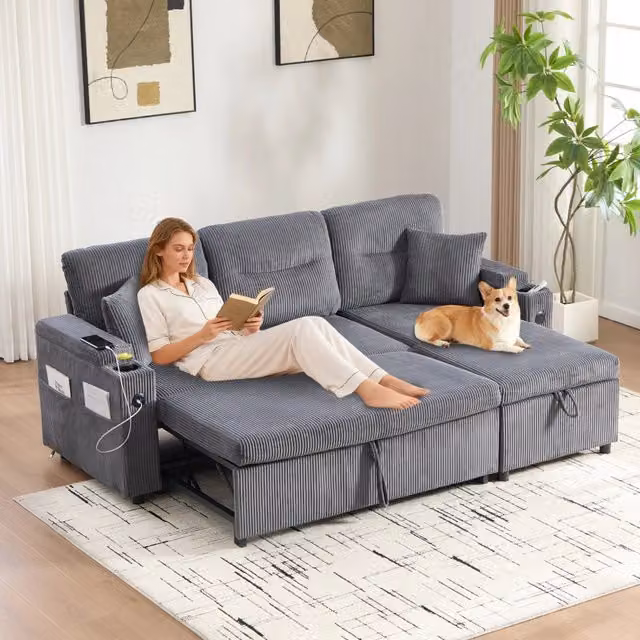 Divano angolare convertibile 3 posti 212;5x136x86 cm; chaise longue con sollevamento idraulico; portabicchieri; USB-C; velluto a coste; grigio scuro