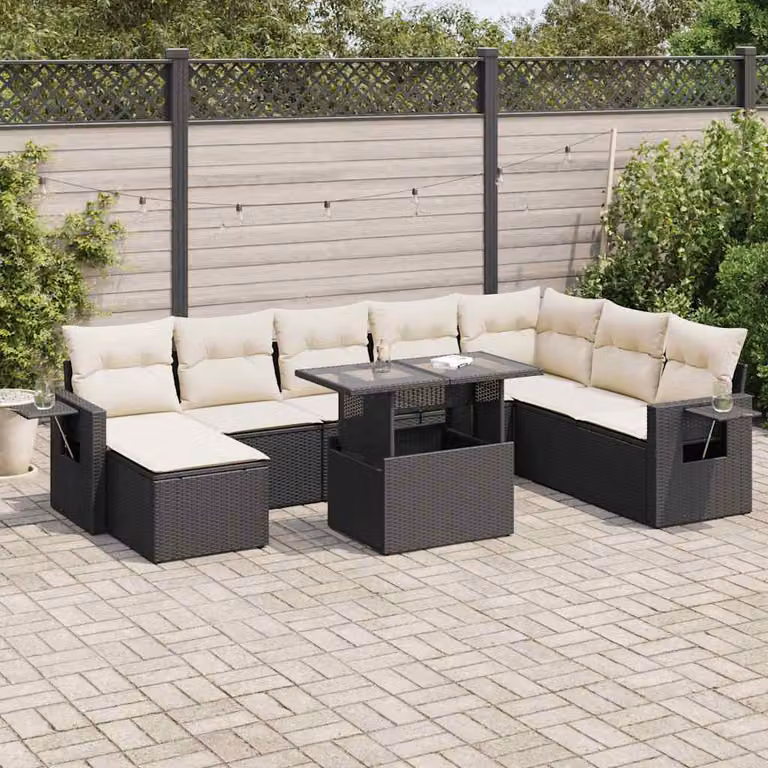 Set Divani da Giardino vidaXL 9 pz a Forma a U con Cuscini, Tavolino e Pouf, Polyrattan Nero e Struttura in Acciaio Verniciato a Polvere