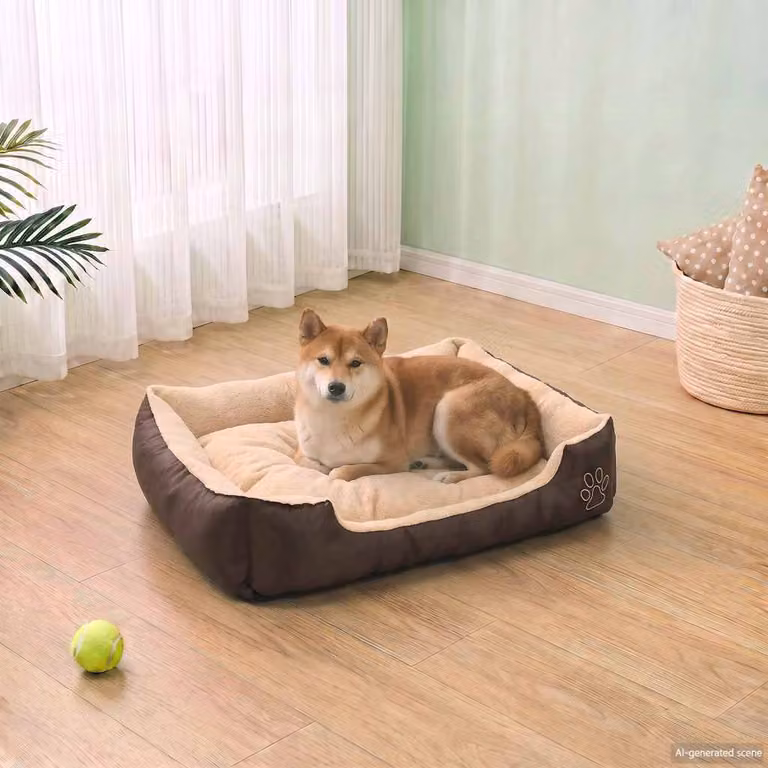 Letto caldo per cani vidaXL con cuscino imbottito, fodera rimovibile e base antiscivolo, marrone e beige, L: 65 cm, P: 48 cm, H: 18 cm