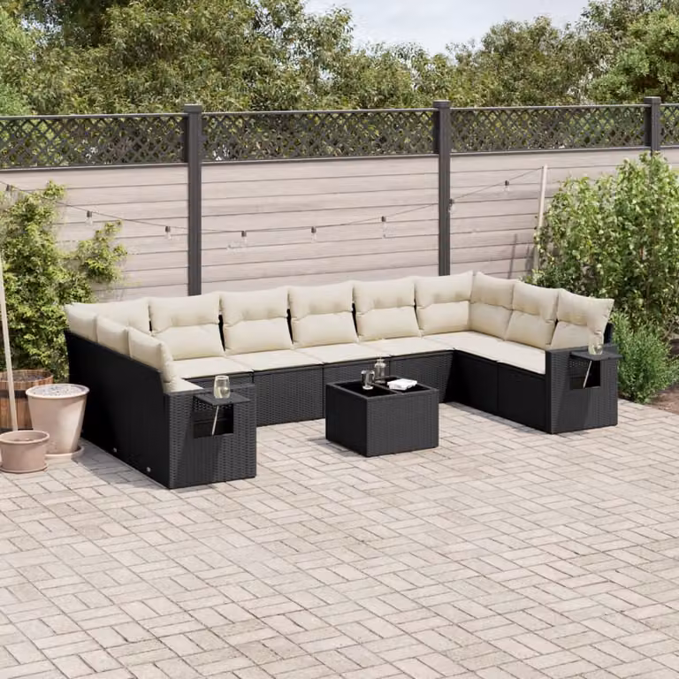 vidaXL Set Divani da Giardino 11 pz a Forma a L in Polyrattan Nero con Cuscini e Tavolino