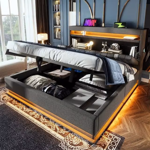 Letto matrimoniale-Xylo-140x200 cm-LED, USB-C, testiera, idraulico, lino, grigio