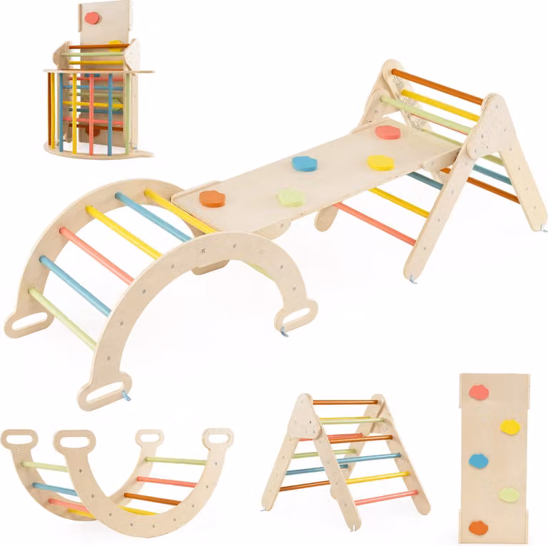 COSTWAY triangolo di arrampicata 4 in 1 con scivolo, arco di arrampicata, rampa bifacciale, per arrampicarsi, scivolare e oscillare, giochi di arrampicata per bambini 1+ Macaron