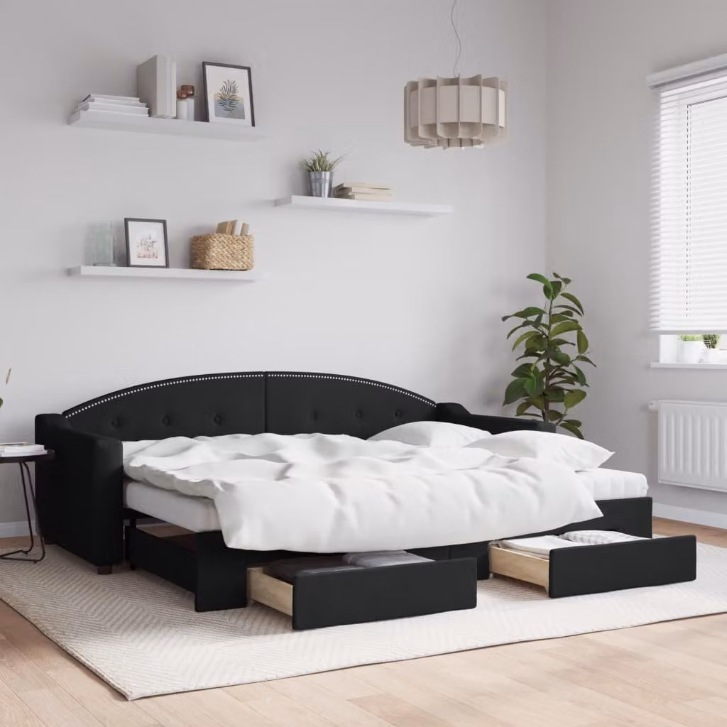 vidaXL Divano Letto Estraibile con Cassetti in Tessuto Nero L/P/H: 223 x 90 x 75 cm
