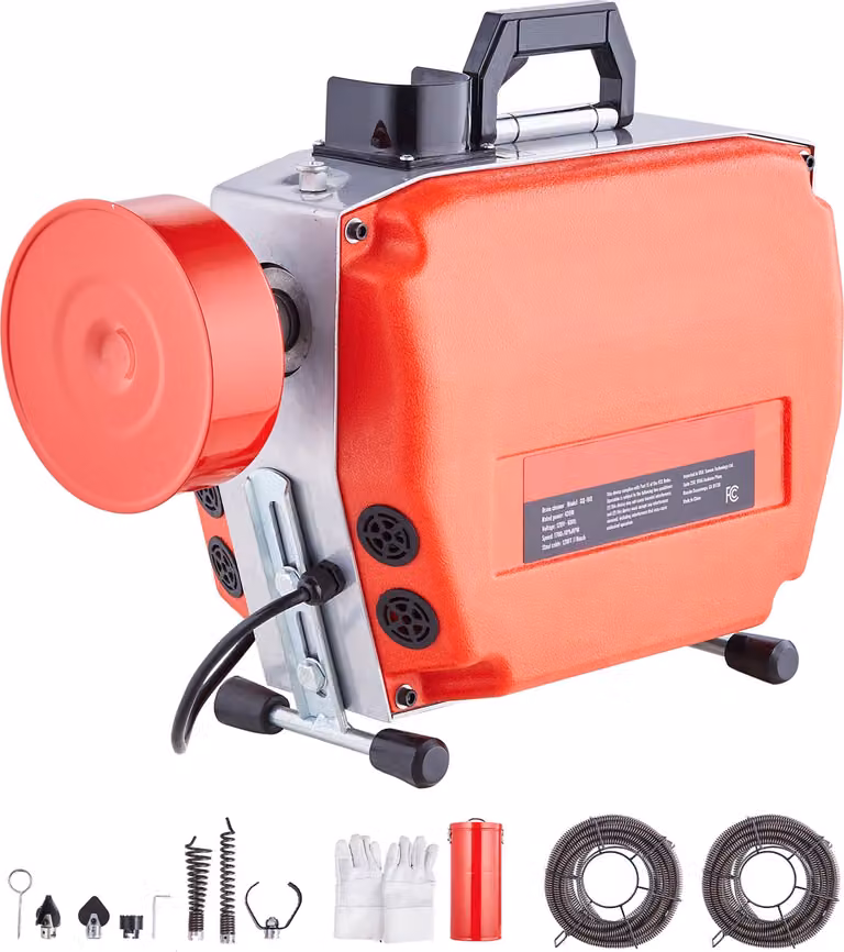 SucceBuy 120 FT x 7/8 pollici macchina per la pulizia dei tubi, 420 W spirale elettrica per la pulizia dei tubi con alimentazione manuale - con 6 taglienti, 2 cavi d'acciaio e controlli CW/CCW