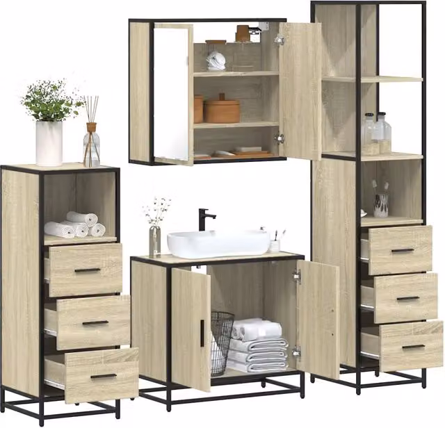 Set Mobili da Bagno Industrial vidaXL 4 Pezzi in Legno e Metallo Beige con Armadietto Specchio, Mobile Lavabo, Mobile Laterale e Colonna Alta