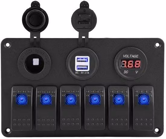 Pannello interruttori a 6 vie con prese USB e voltmetro, adatto per auto e imbarcazioni a 12V/24V