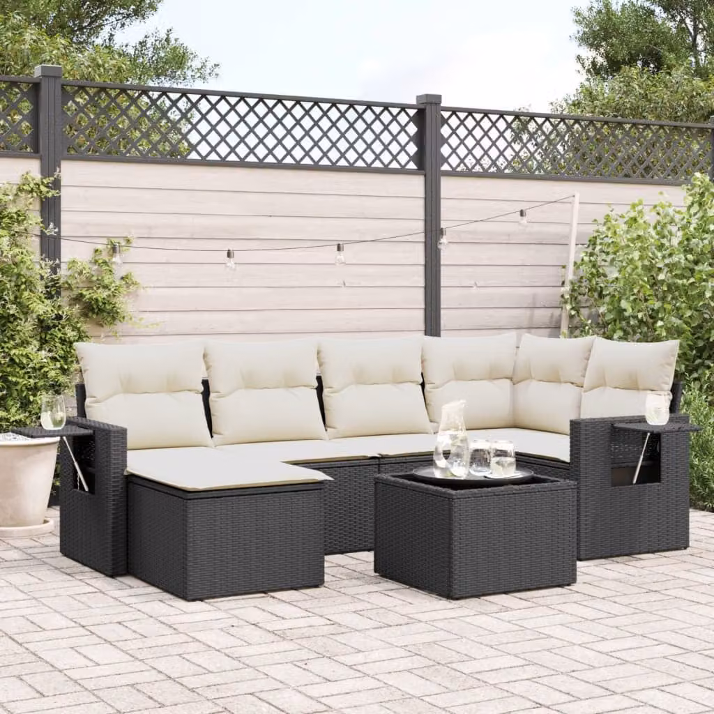 Set Divani da Giardino vidaXL a Forma di L con 7 Pezzi in Polyrattan Nero e Cuscini Imbottiti – 1