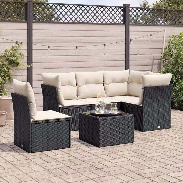 vidaXL Set Divano da Giardino 6 pz in Polyrattan Nero con Cuscini e Tavolino da Caffè