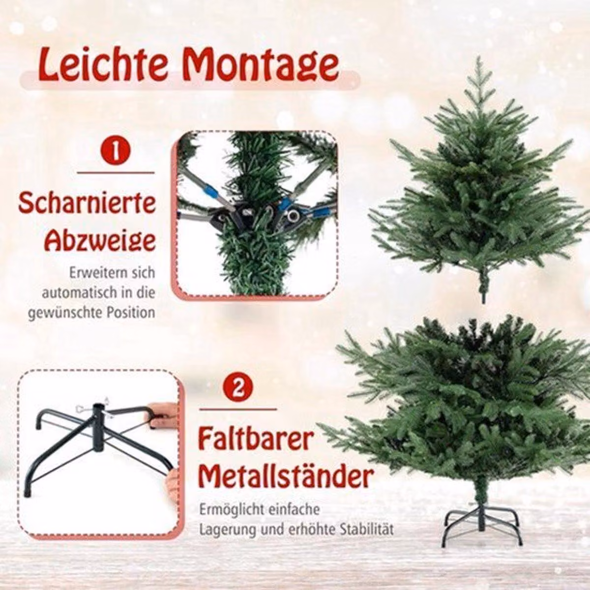 Albero di Natale artificiale, altezza 135 cm, verde, con 160 luci LED bianco caldo e base in metallo