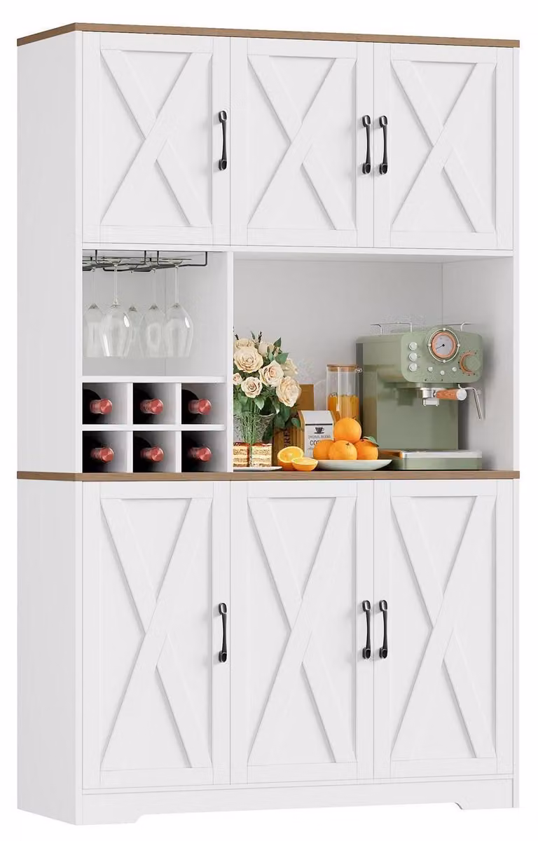 Mobiletto da cucina, credenza, mobiletto laterale, dimensioni 106x180 cm, colore bianco, con 6 ante e portabottiglie removibile