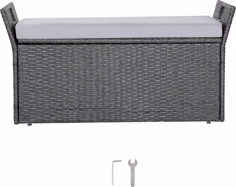 SucceBuy panca da giardino con spazio di archiviazione 180 kg, panca in rattan PE, cassapanca con cuscini e maniglie laterali, panca di archiviazione per patio, giardino e balcone, 104x45x52cm