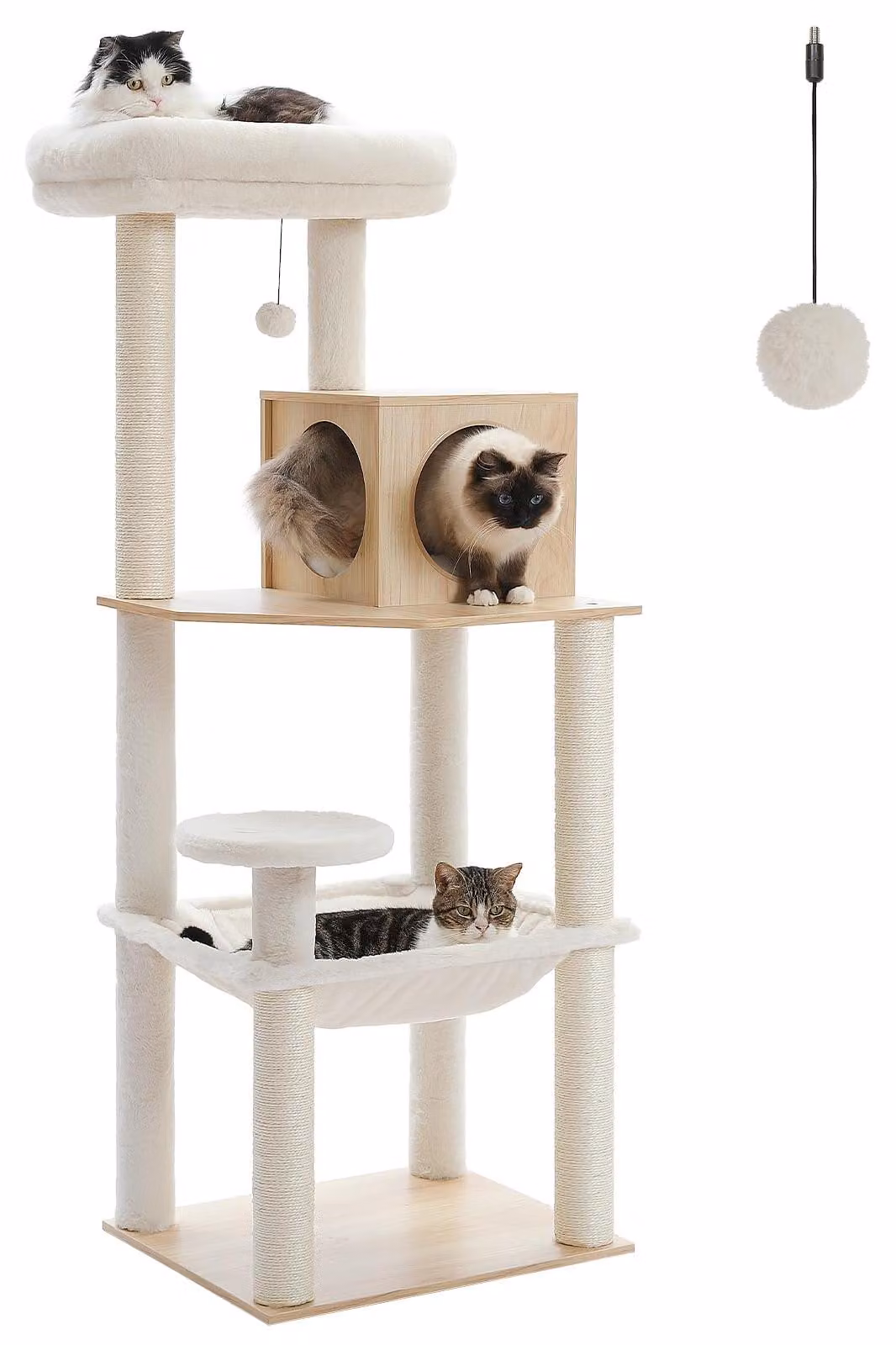 Kratzbaum in legno, altezza 143 cm, con ampia cuccia e comodo letto, palo rivestito in sisal, per uso interno