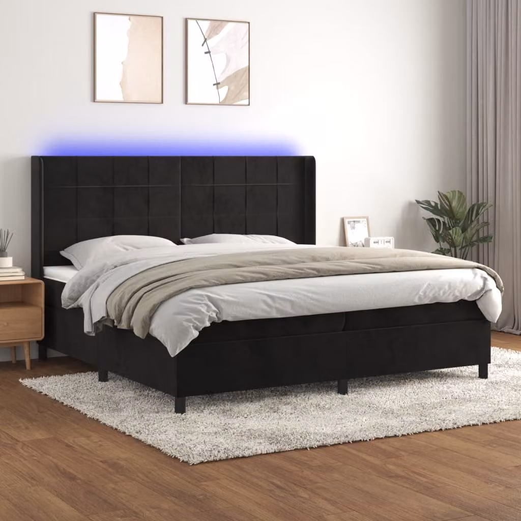 The Living Store Letto a molle con materasso e LED nero 200x200 cm in velluto