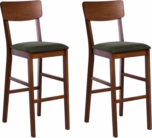Set di 2 sedie da bar marrone scuro e verde scuro in legno di caucciù con seduta imbottita in poliestere