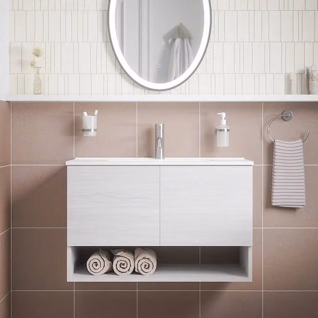 Mobile sospeso 80 cm bianco effetto legno con due ante, vano a giorno e lavabo | Sauris