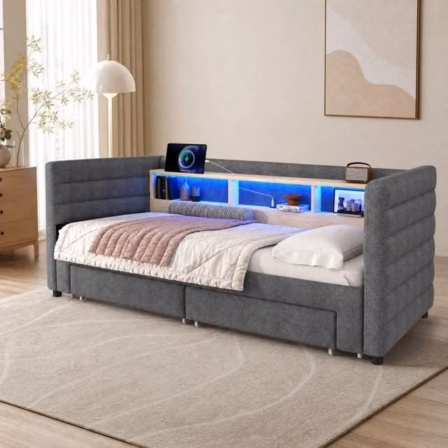 Letto da giorno estraibile 90x190 cm in velluto grigio con LED; USB; Type-C e 2 cassetti
