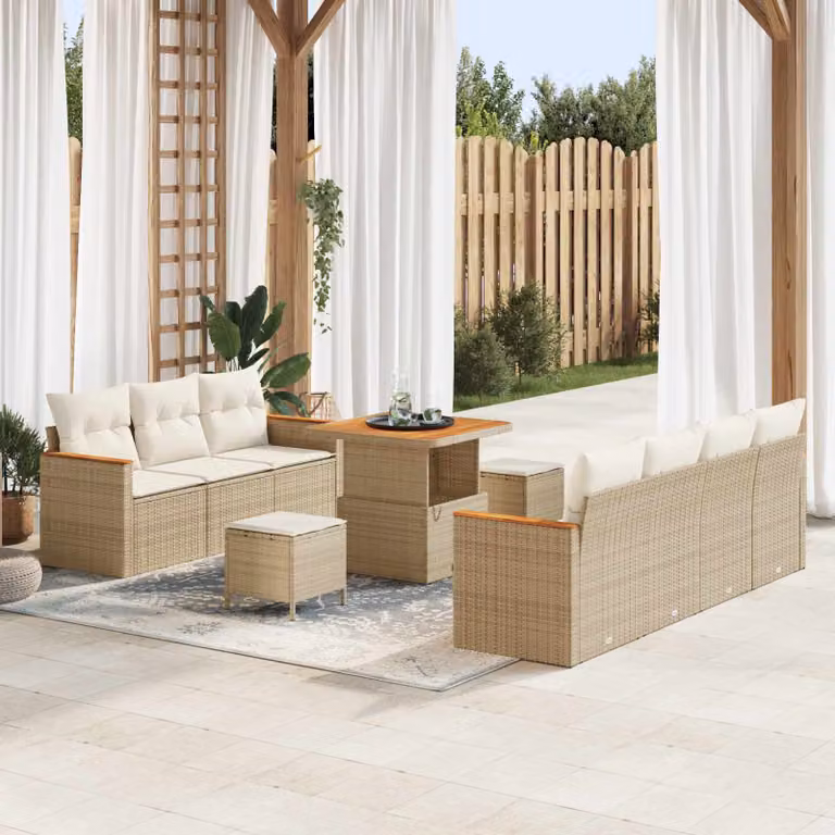 Set Divano da Giardino vidaXL 10 Pezzi in Polyrattan Beige con Cuscini e Tavolino