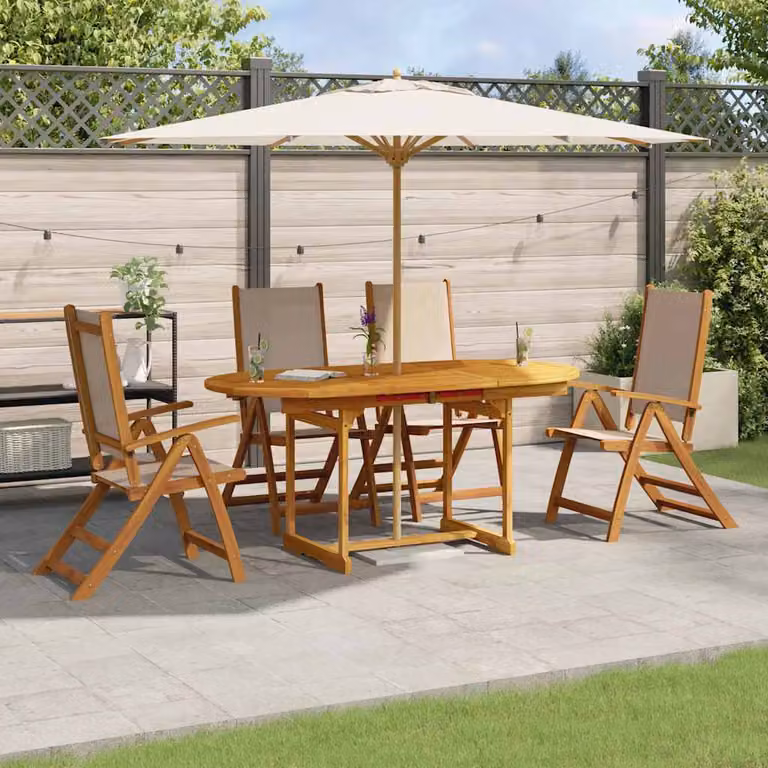 Set da pranzo da giardino vidaXL in legno di acacia e textilene, 5 pezzi, marrone e beige, tavolo rettangolare estensibile con piano pieghevole