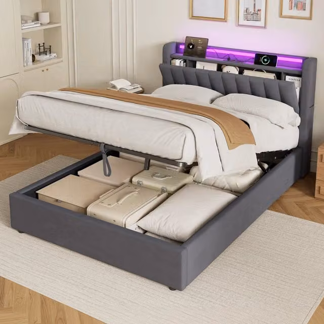 Desviae Letto imbottito matrimoniale 140 × 190 cm con contenitore porta USB e luce LED in velluto grigio scuro