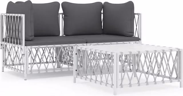 Set Salotto da Giardino 3 pz | Set di Mobili da Esterno con Cuscini in Acciaio Bianco