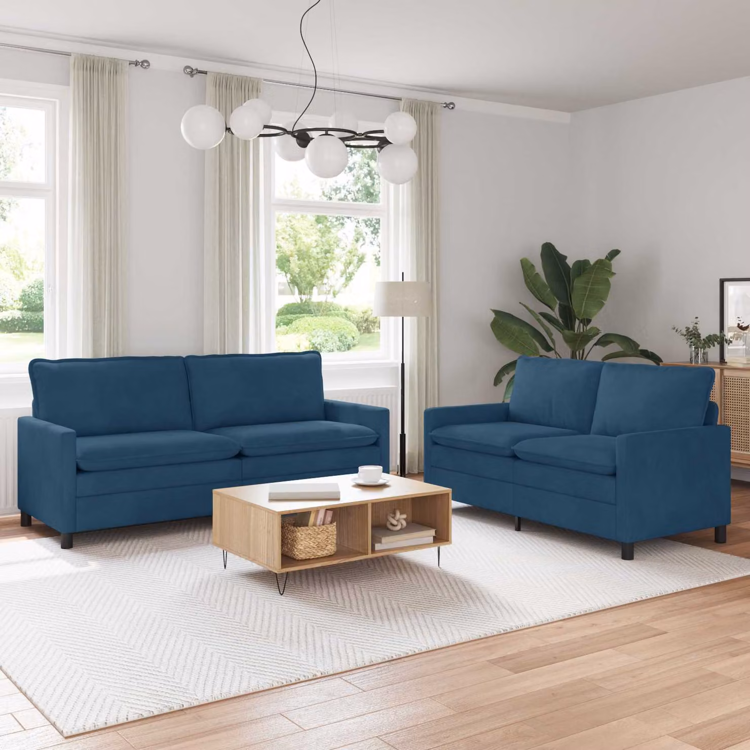 Set di 2 divani moderni vidaXL in velluto blu con struttura in metallo e cuscini inclusi