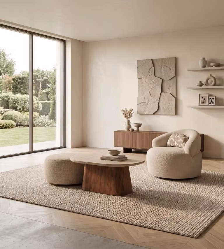 Set di tavolino e poggiapiedi moderni, beige, design, tavolino laterale, poggiapiedi, forma ovale