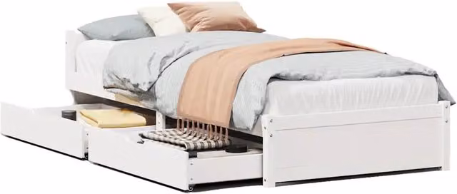 Letto singolo in legno massello di pino bianco con cassetti stile rustico L/P/H: 90 x 190 x 195,5 cm