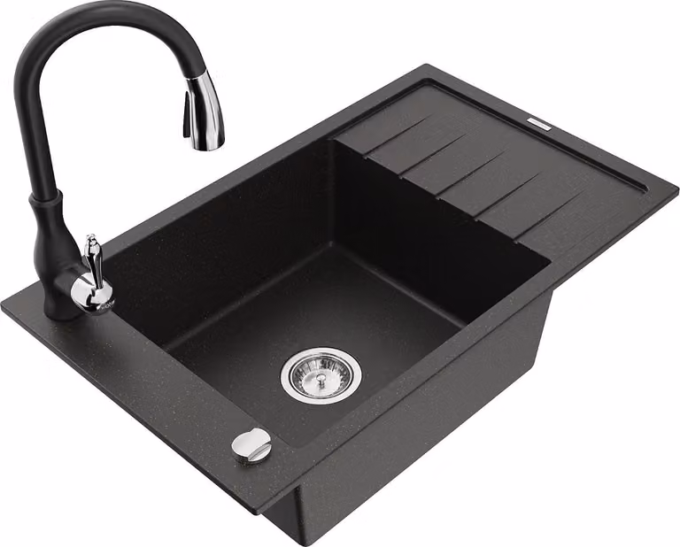 Mexen Elias lavello in granito 1 vasca con scolapiatti e rubinetto da cucina Savita, nero/oro metallizzato - 6511-75-672601-70