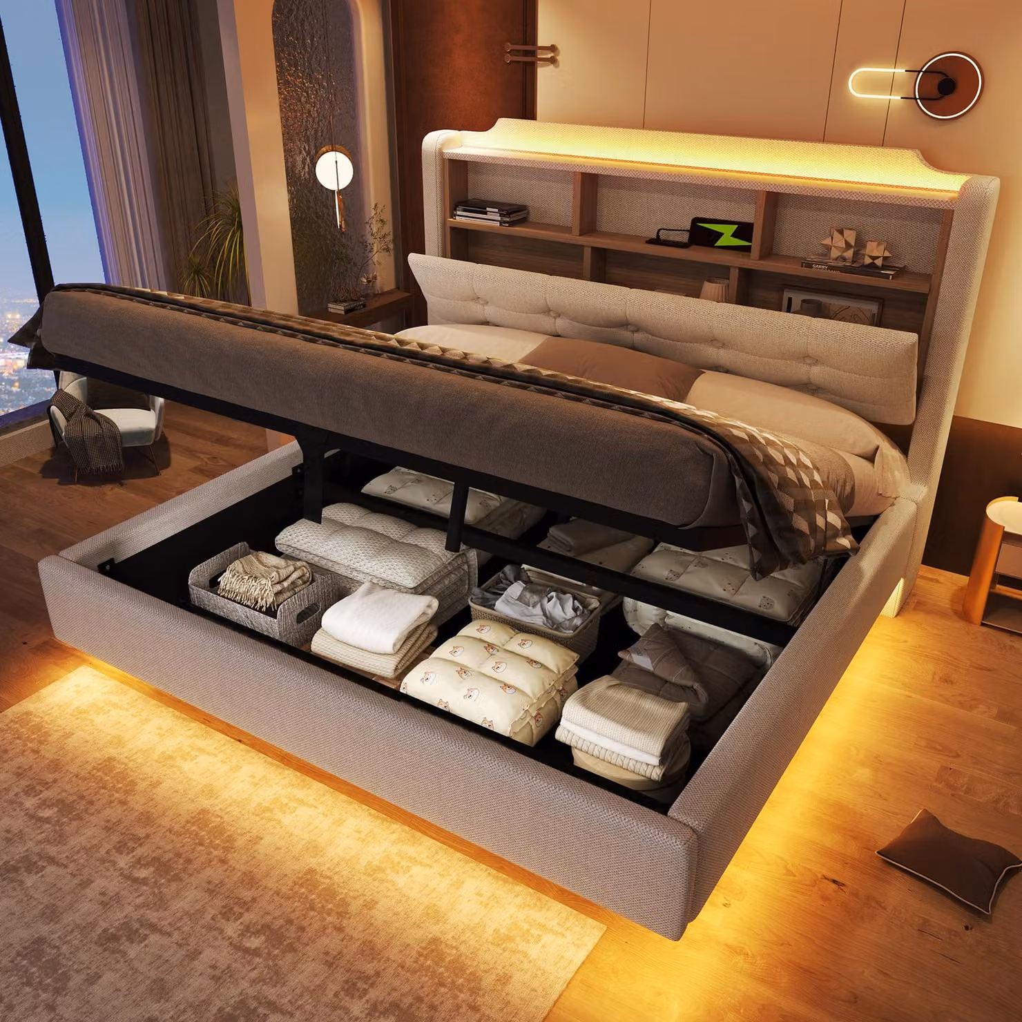 Letto imbottito Merax 140×200 cm, rete idraulica, striscia luminosa a LED, porte di ricarica USB e Type-C, testata con vano contenitore, letto matrimoniale fluttuante, beige