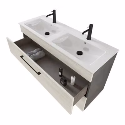 Mobile bagno sospeso INBAGNO Smart bianco e legno con specchio contenitore e illuminazione LED L/P/H: 118 x 42 x 62 cm – 2