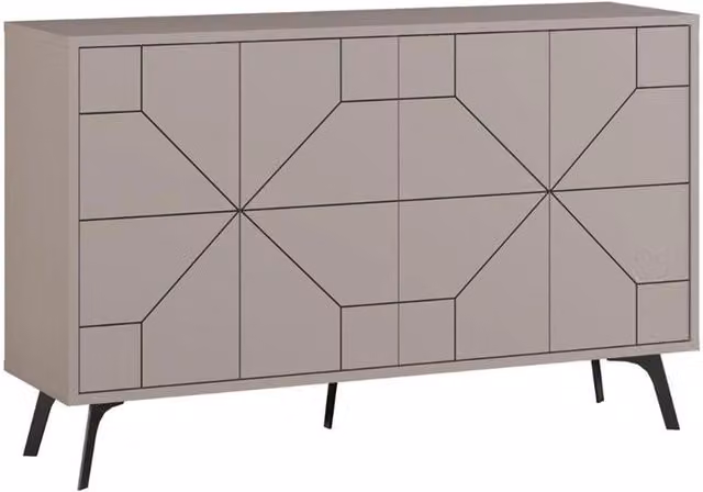 MOBILE DA INGRESSO MADIA DUNE 4 ANTE COLORE TORTORA CON DISEGNO GEOMETRICO PIEDINI NERI 123X35X77,4 H CM