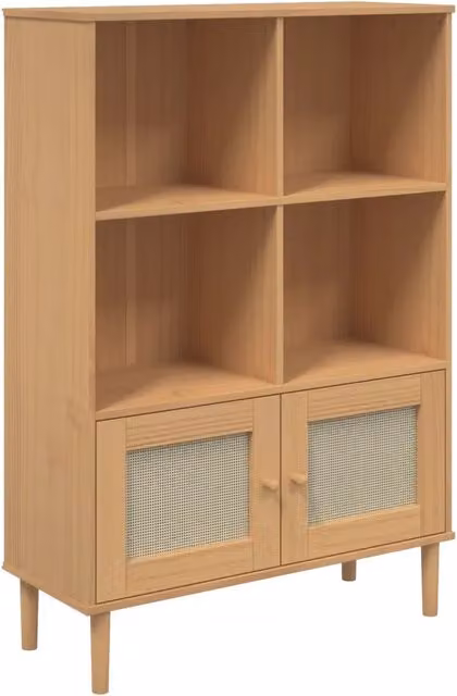 Credenza Buffet Senja in Legno di Pino con Dettagli in Rattan, Colore Marrone e Beige, L 90 cm x P 35 cm x H 130 cm