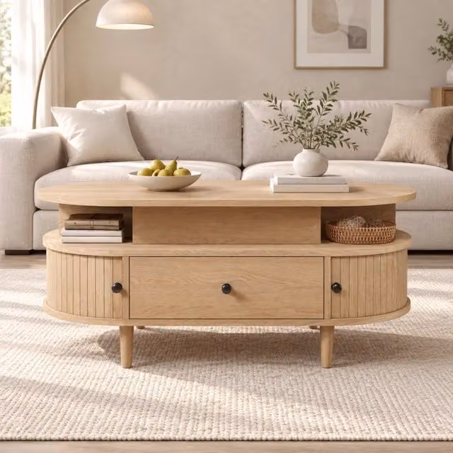 Desviae Tavolino basso ovale con piano sollevabile idraulico, cassetto e ante scorrevoli in MDF naturale 105 × 50 × 60,5 cm
