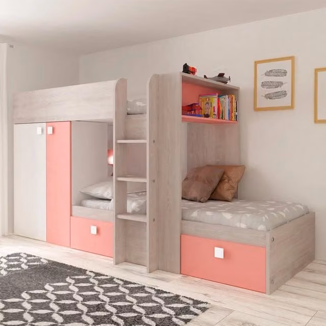 Letto a castello per bambini con armadio e cassetti, bianco e rosa flamingo, dimensioni 90x190 cm