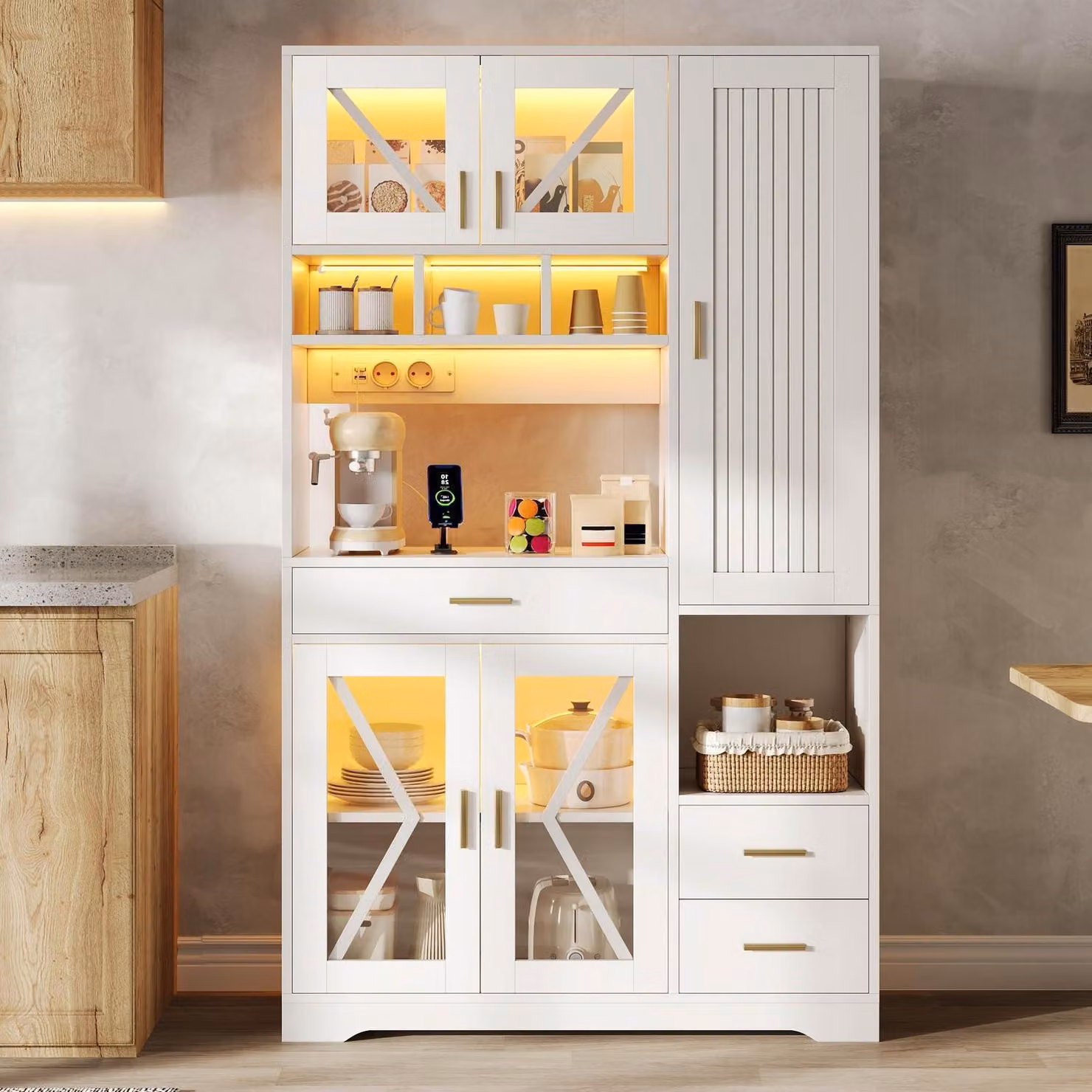 Mobiletto buffet con prese di corrente e strisce LED, 5 ante, 3 cassetti, bianco, 185x105x40 cm