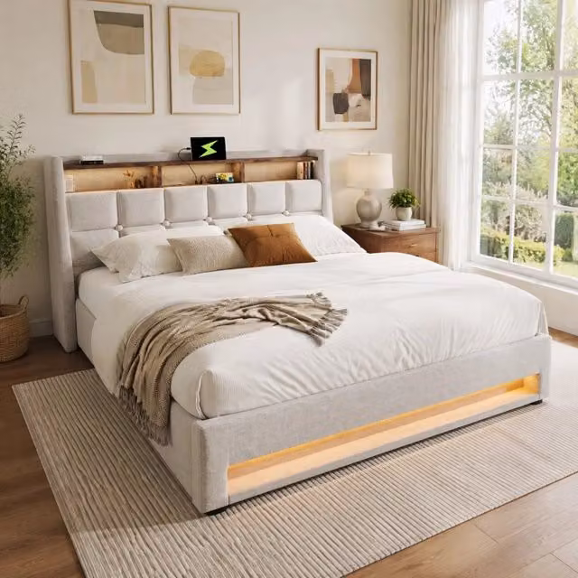 Letto imbottito ULEVR 180x200 cm con contenitore a gas, LED e 2 USB, rivestimento in lino beige chiaro