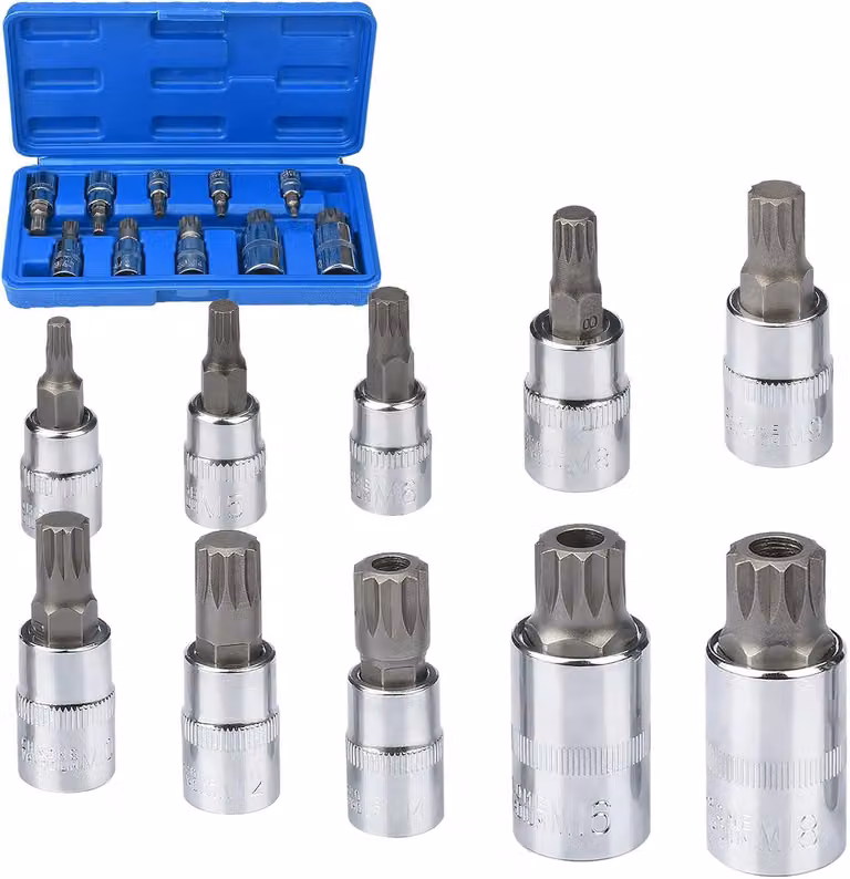 Set di 10 chiavi a cricchetto per spline, di diverse dimensioni da M4 a M18, in acciaio cromo-vanadio, ideale per il fai-da-te