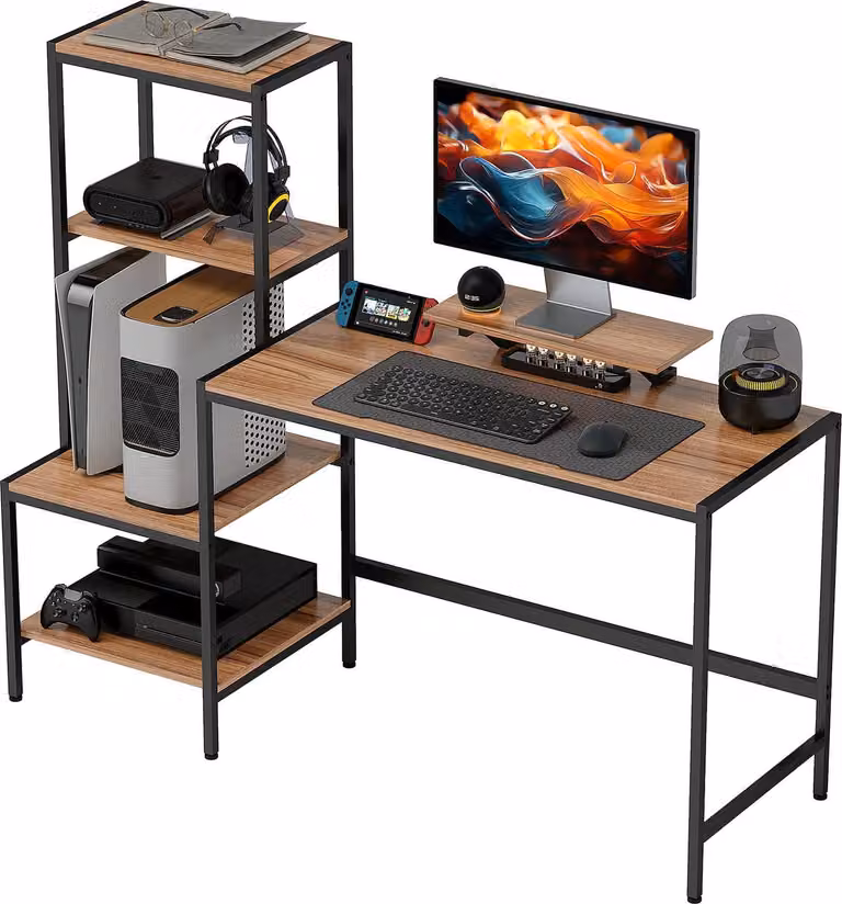 Scrivania Scrivania per computer con supporto per monitor, supporto per CPU, scrivania per ufficio con ripiano per stampante, tavolo per PC con 4 ripiani, design moderno per ufficio in casa, 150 x 48 x 125 cm, marrone