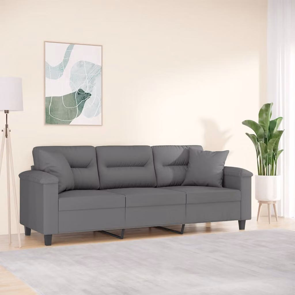 Divano moderno vidaXL a 3 posti in tessuto microfibra grigio con cuscini e struttura in metallo per il tuo soggiorno L: 210 cm, P: 80 cm, H: 77 cm