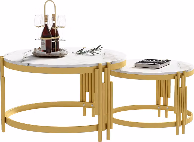 Tavolino da caffè STILVORA con struttura in metallo dorato, tavolino laterale con piano rotondo effetto marmo, tavolino per soggiorno con design impilabile, bianco