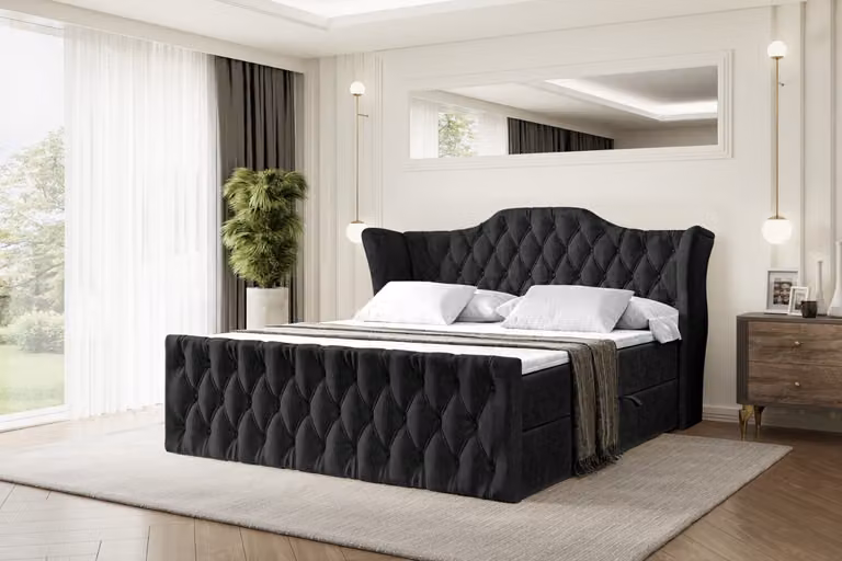 Letto boxspring ALTDECOR VILA-Z, letto imbottito con testiera, contenitore e pediera - Materasso rigido (H4) - 180x200 - Velluto nero
