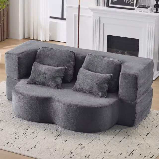 Divano letto da pavimento pieghevole blu e grigio con 4 cuscini