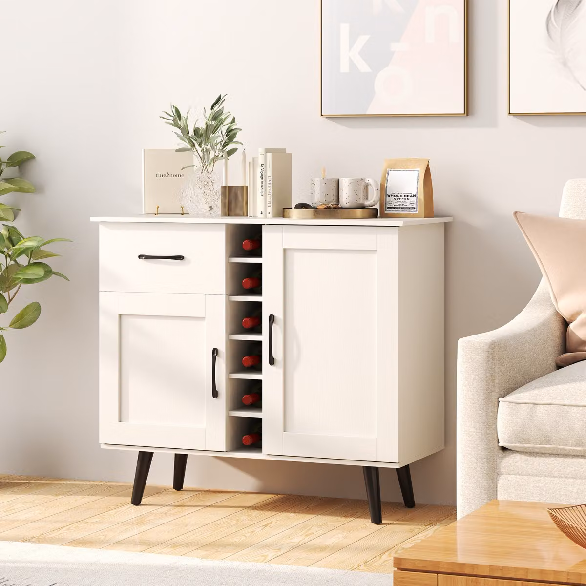 Credenza buffet Costway moderna con portabottiglie per 6 bottiglie e cassetto, armadio da bar bianco per cucina e soggiorno