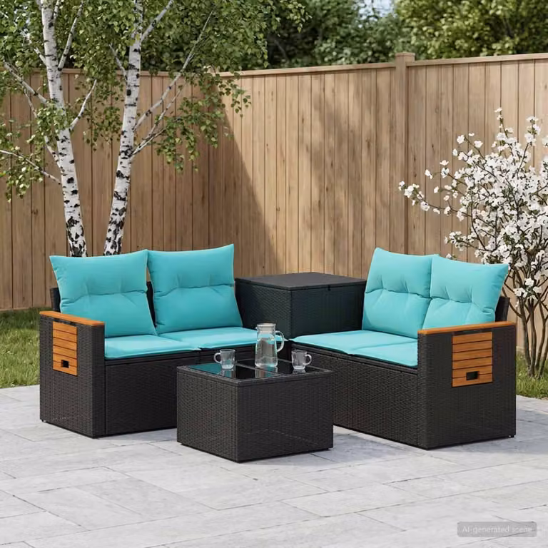 Set di divani da giardino vidaXL a forma di L composto da 6 pezzi con tavolino e pouf, in polyrattan e metallo, colore nero e blu