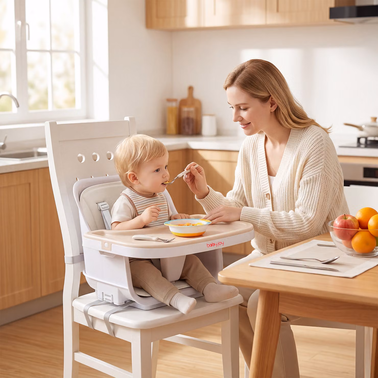 Seggiolone pappa pieghevole 4 in 1 Costway con cuscino e vassoi doppi rimovibili in legno, Beige e Bianco, per neonati da 6 a 36 mesi