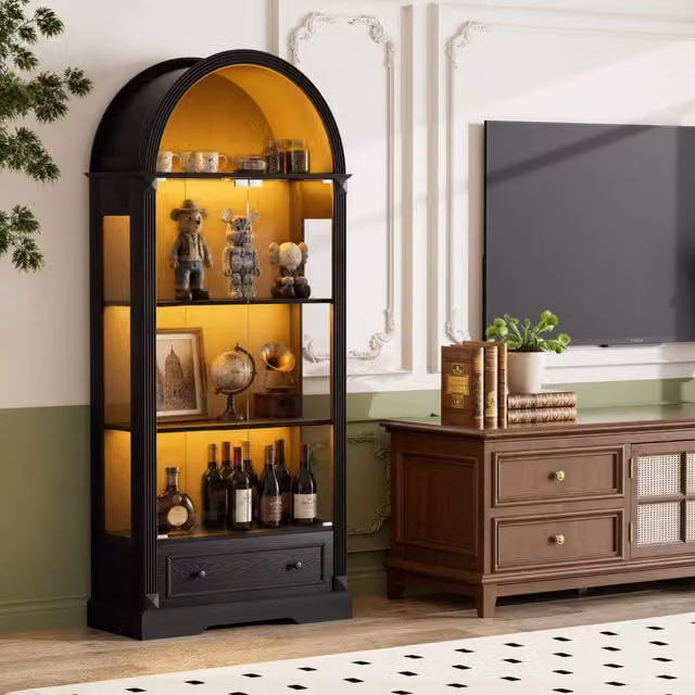 Vetrina LED con ante in vetro, nicchie aperte e sensore di movimento per soggiorno e cucina, nera, 80 × 35 × 180 cm