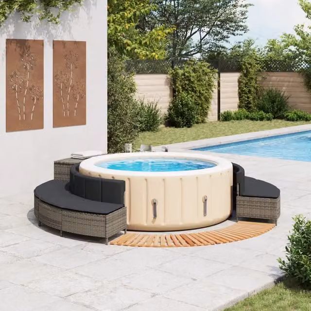 Bordo per Spa vidaXL in Polyrattan Grigio e Legno di Acacia Oliato