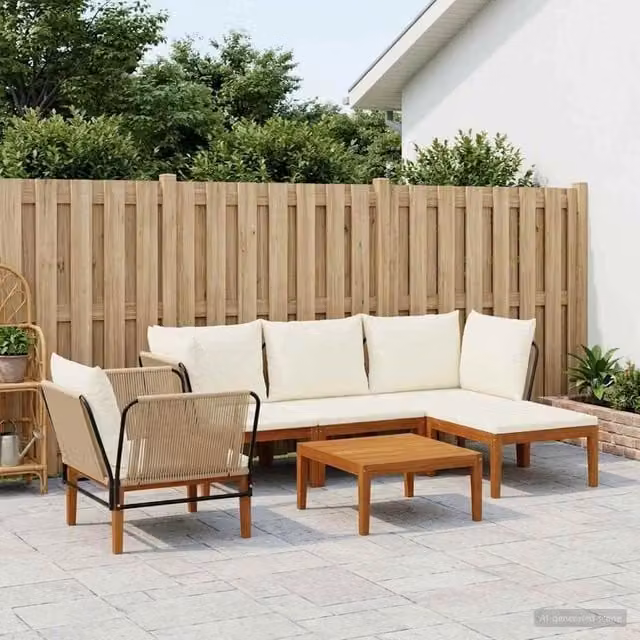 Set di 6 sedie moderne vidaXL in legno di acacia e corda, colore beige e bianco, per giardino e terrazza – 1