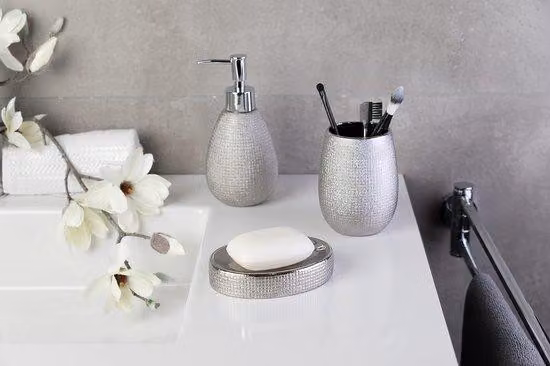 Set da bagno lucido, 4 pezzi, argento, 13x32x20 cm