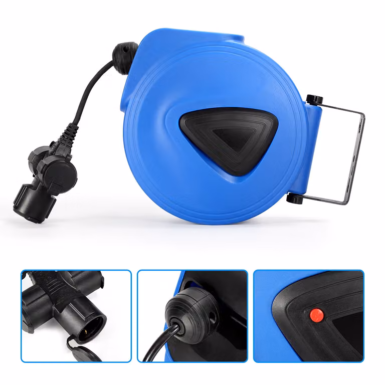 Jayseuw avvolgicavo automatico Avvolgicavo automatico, 20 m, ruotabile di 180° Staffa a parete Cavo elettrico per montaggio a parete con 3 prese